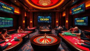 Excited players engaging in high-stakes games at OKWIN liên minh casino, showcasing vibrant tables and gaming excitement.