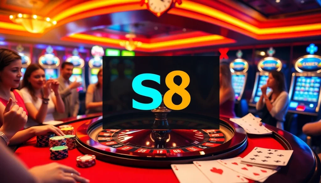 Players enjoying a thrilling game at S8 casino, with vibrant roulette table and colorful chips.