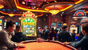 Experience the thrill of UU88 at a vibrant casino with players winning at thrilling games.