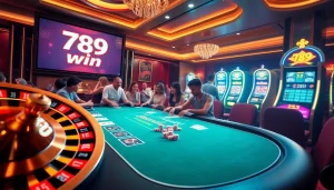 Players celebrating their 789 win at a luxurious casino poker table.