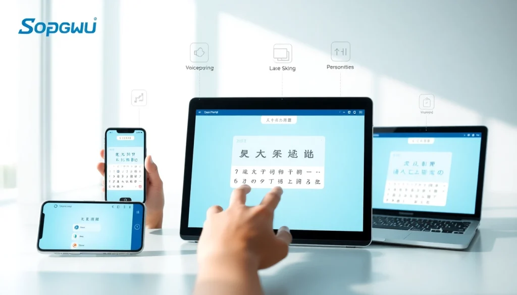 Sogou Pinyin Input Method interface displayed across devices, highlighting voice recognition and customization features.