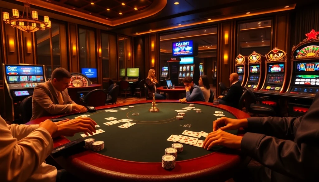 Engaging casino atmosphere showcasing strategic gameplay at trang chủ uu88 with poker and slot machines.