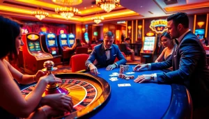 Players enjoying a thrilling poker game at MM88 casino with vibrant chips and cards.