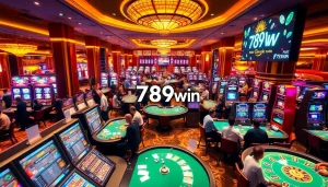 Players celebrating wins at 789win's vibrant casino scene filled with slots and card games.