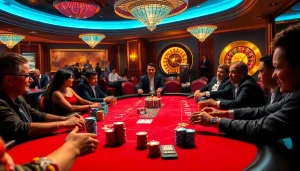 Engaged players at a luxurious poker table, emphasizing the excitement of NEW88 gaming.