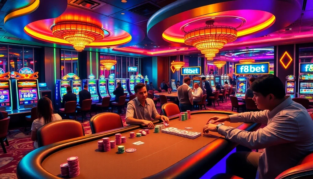 Experience the excitement of f8bet casino, with players at a vibrant poker table and dazzling slot machines.