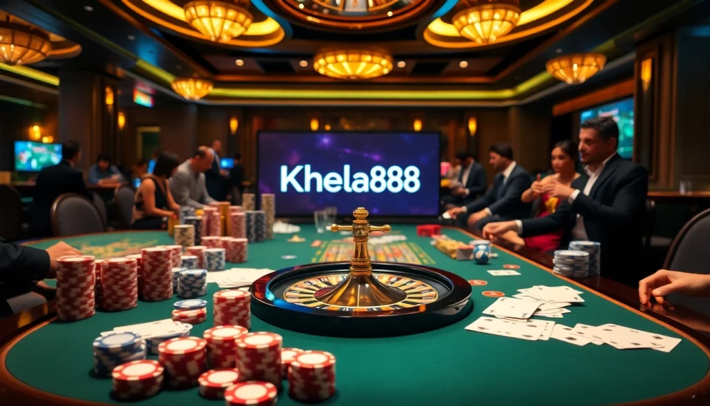 Khela88 players placing bets at a luxurious casino table with vibrant roulette wheel and poker chips.