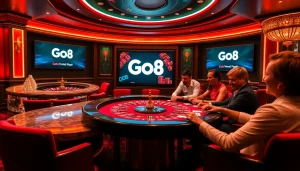 A thrilling Go8 gaming experience at a luxurious casino with poker chips and cards.