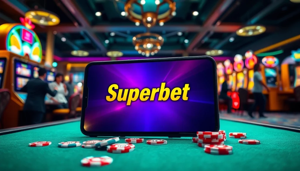 Experience the excitement of Superbet Download with a stunning mobile casino interface amidst vibrant casino elements.