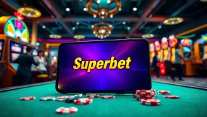 Experience the excitement of Superbet Download with a stunning mobile casino interface amidst vibrant casino elements.