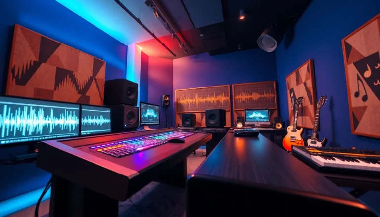 Fast music services in a vibrant, modern studio showcasing advanced technology and instruments.