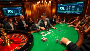 Engaging poker game at a luxurious casino with 88bet branding and lively ambiance.