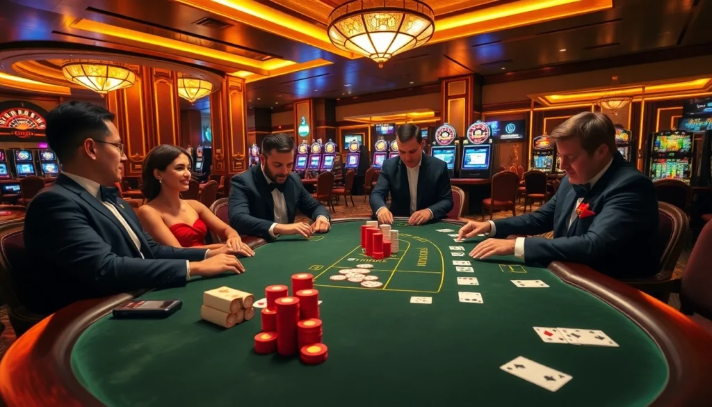 Nohu casino scene featuring players at a poker table, vibrant gaming atmosphere, and luxury elements.