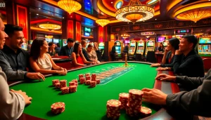 Experience thrilling gameplay at u888 with a vibrant casino scene featuring poker chips and roulette.