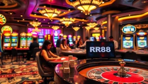 Players enjoying RR88's diverse games with vibrant casino scenes and excitement.