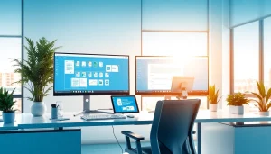 Explore WPS办公软件 in a modern office setup, showcasing productivity tools on dual monitors.