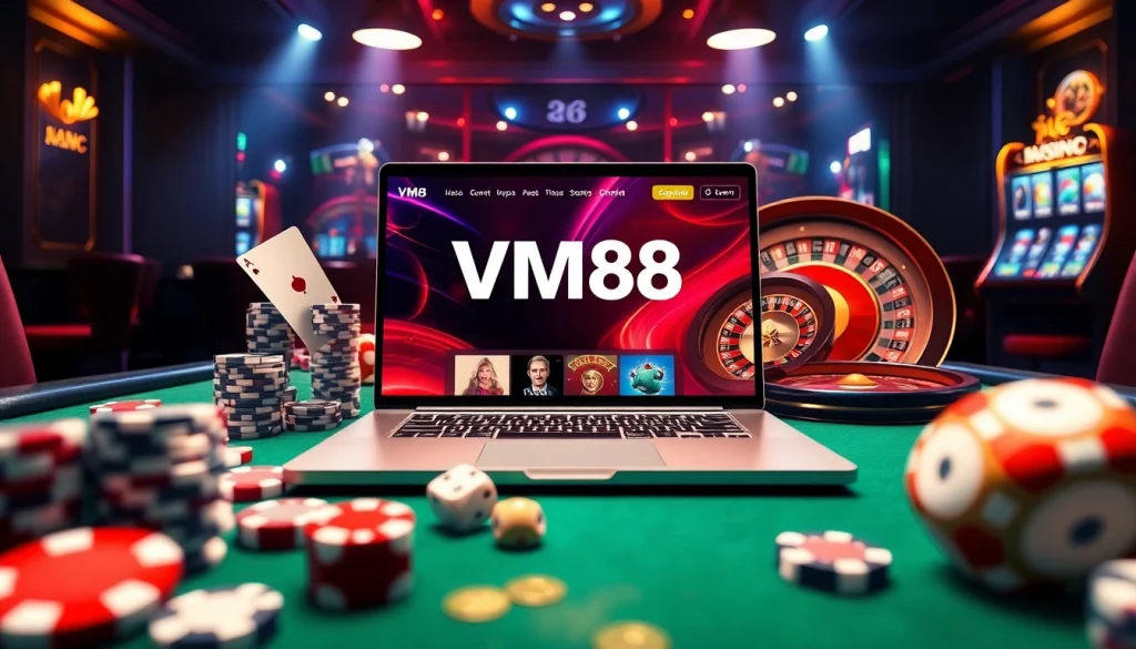 VM88 online gambling interface showcasing a vibrant casino scene with poker chips and a roulette wheel.