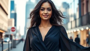 Experience elegance with Rivelle's stylish clothing in an urban setting.