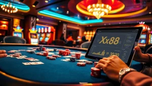 Players strategizing at a vibrant poker table in a luxurious casino setting featuring XX88.