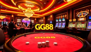 Experience the thrill of winning at GG88 with a vibrant casino scene featuring poker tables and slot machines.