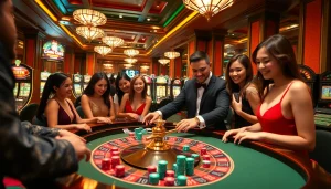 Nohu90 players engaged at a luxurious roulette table, capturing thrilling online gambling moments.