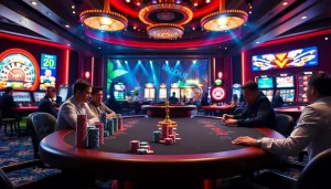 Exciting gaming experience at a nhà cái uy tín casino with poker chips and roulette wheels.