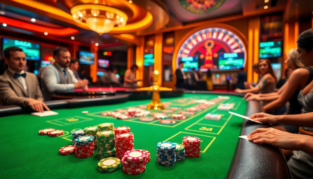DAGA casino action with vibrant poker chips and a spinning roulette wheel.