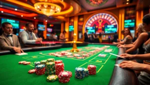 DAGA casino action with vibrant poker chips and a spinning roulette wheel.