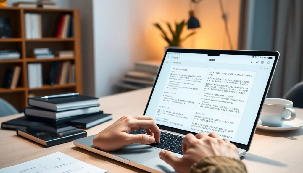 Youdao翻译 interface on a sleek laptop showcasing advanced translation technology in a modern workspace.