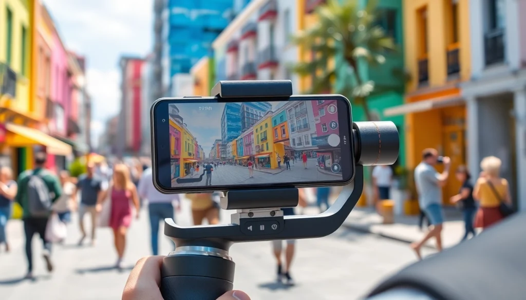 Dynamic outdoor scene featuring a phone gimbal stabilizing video footage for a professional filming setup.