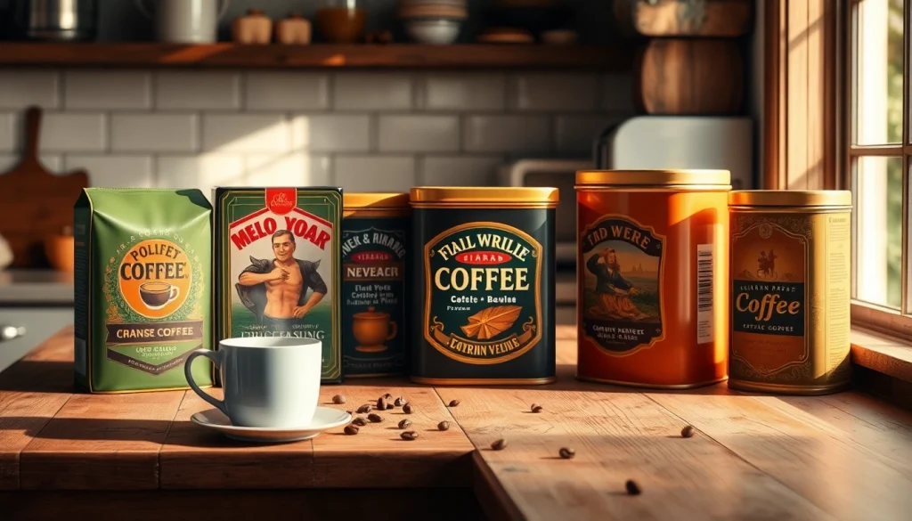 Stylish coffee tins on a rustic kitchen countertop, showcasing vibrant designs.
