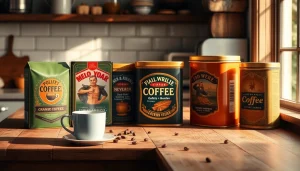 Stylish coffee tins on a rustic kitchen countertop, showcasing vibrant designs.