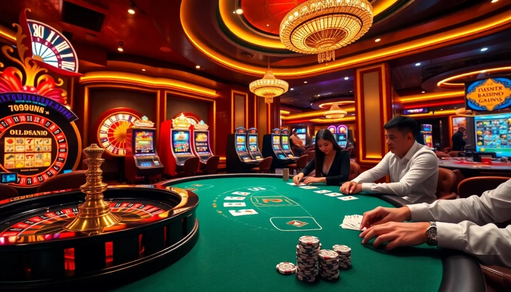A lively casino scene showcasing poker and roulette, embodying the excitement of 789win.