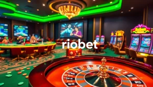 Experience the thrill of gambling at Riobet with an elegant casino scene featuring roulette and high-stakes games.