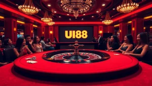 UU88 gaming table bustling with excitement, featuring roulette, poker chips, and cards.