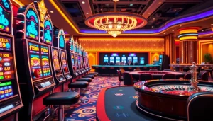 Action-packed F168 casino scene with vibrant slot machines and live games creating an exciting gambling atmosphere.