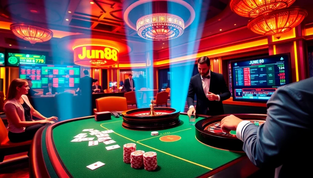 Jun88 casino table with vibrant chips and an engaging dealer, showcasing online gambling excitement.