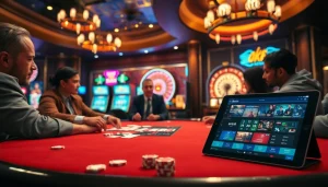Okwin themed casino scene with players around a poker table, showcasing excitement and elegance.