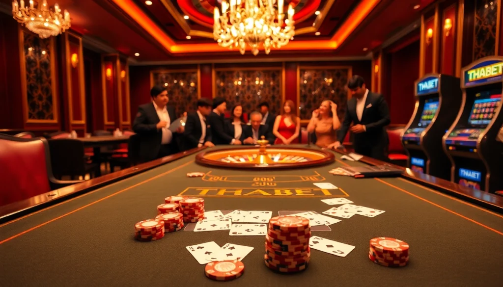 Experience the excitement of THABET with vibrant poker chips at a luxurious casino table.