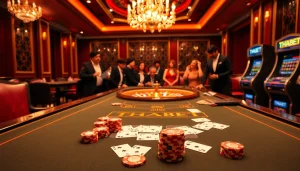 Experience the excitement of THABET with vibrant poker chips at a luxurious casino table.