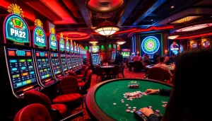 Players engaging with exciting PH22 slot machines and poker tables in a luxurious casino environment.