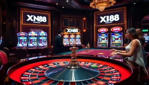 High-stakes gaming at XN88 casino with lively roulette table and vibrant chips.