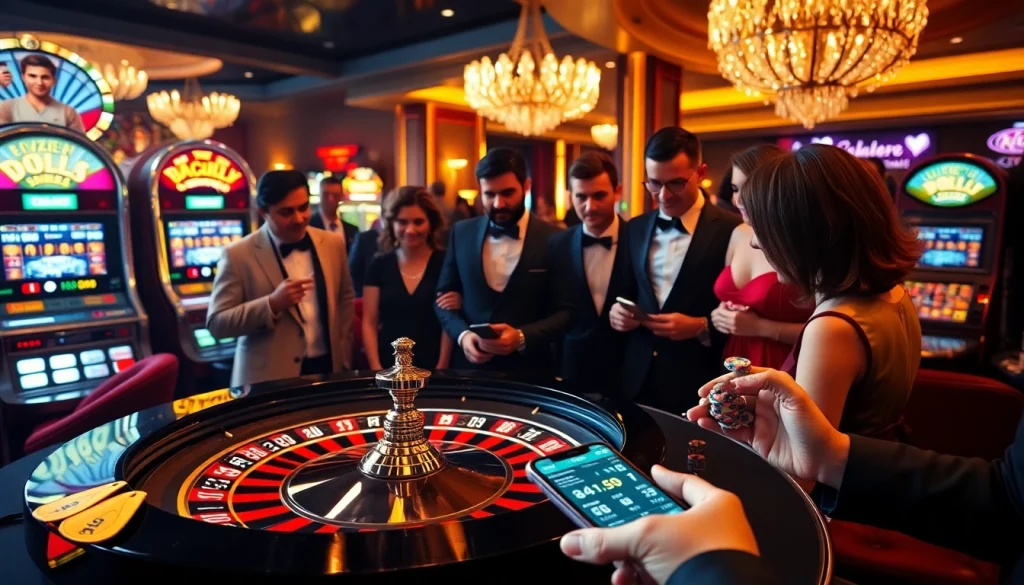 Bongdalu players excitedly wager at a luxurious casino table with vibrant roulette wheels.