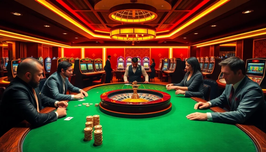 Daga8 players experience excitement at a luxurious casino gaming table filled with poker chips and cards.