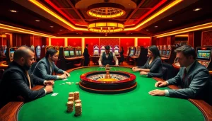 Daga8 players experience excitement at a luxurious casino gaming table filled with poker chips and cards.