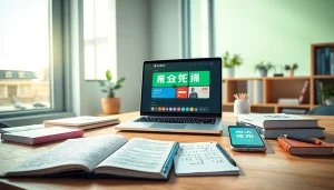 Explore the 有道词典 app displayed in a modern workspace, highlighting language learning tools and a professional atmosphere.