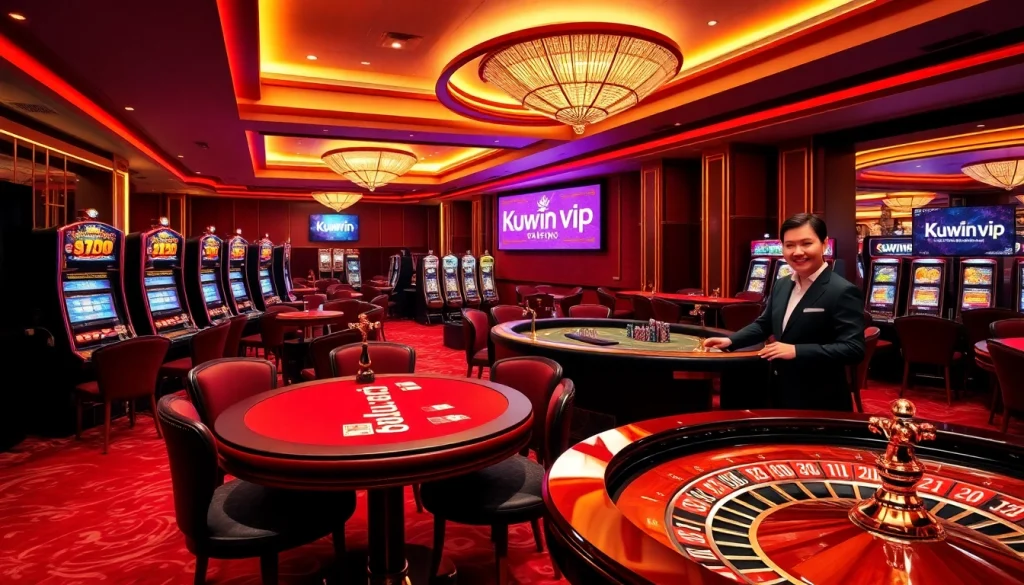 Experience the thrill of kuwin vip gaming at an opulent casino, featuring vibrant tables, slot machines, and live dealer excitement.