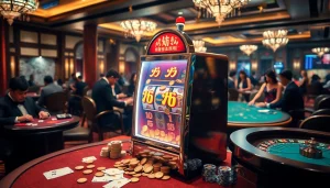 Engaging scene of players enjoying nổ hũ slot machines in a luxurious casino environment.
