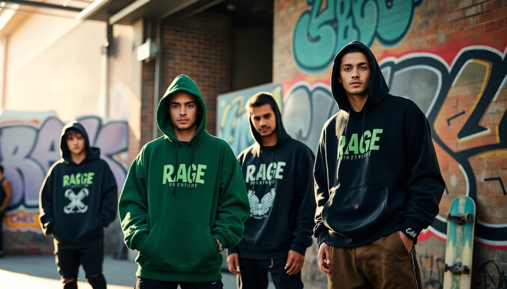 RageOff streetwear models showcasing urban fashion in a vibrant street scene.