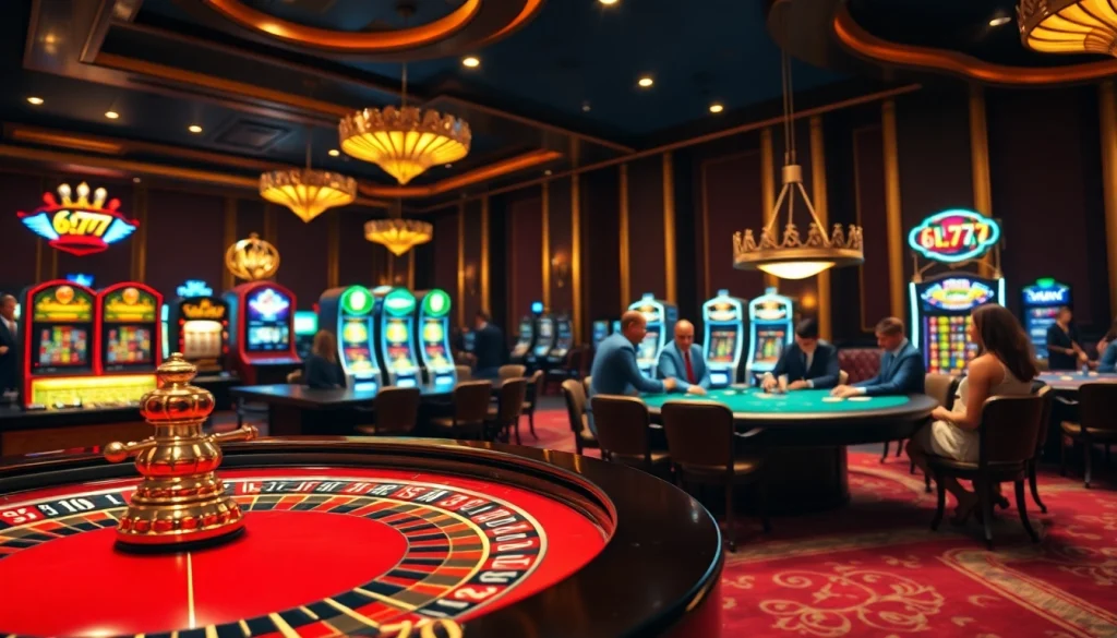 Engaged players at a 6L777 casino table, highlighting excitement in a luxurious gambling environment.